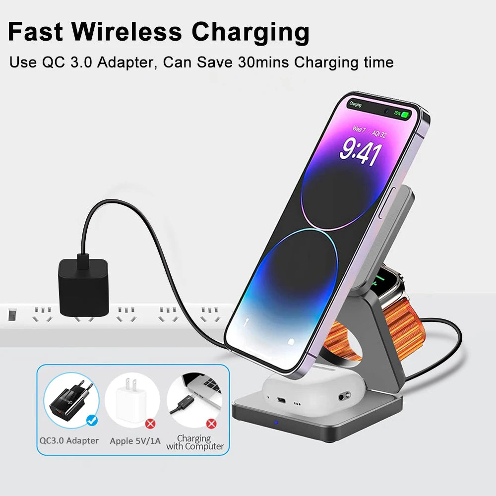 Wireless Charger 3 in 1 Foldable Magnetic Wireless Charging Station for iPhone 15 14 13 12 Pro Max Apple Watch 8 9 Charger