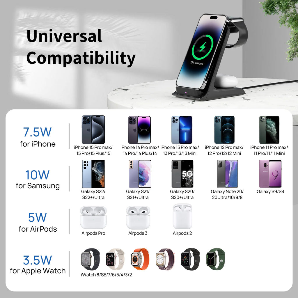 KPON 3 in 1 Wireless Charger Stand Portable Fast Charging Station For iPhone 16/15/14 Pro Max Apple iWatch 9/8/7/6/5 Airpods 3/2