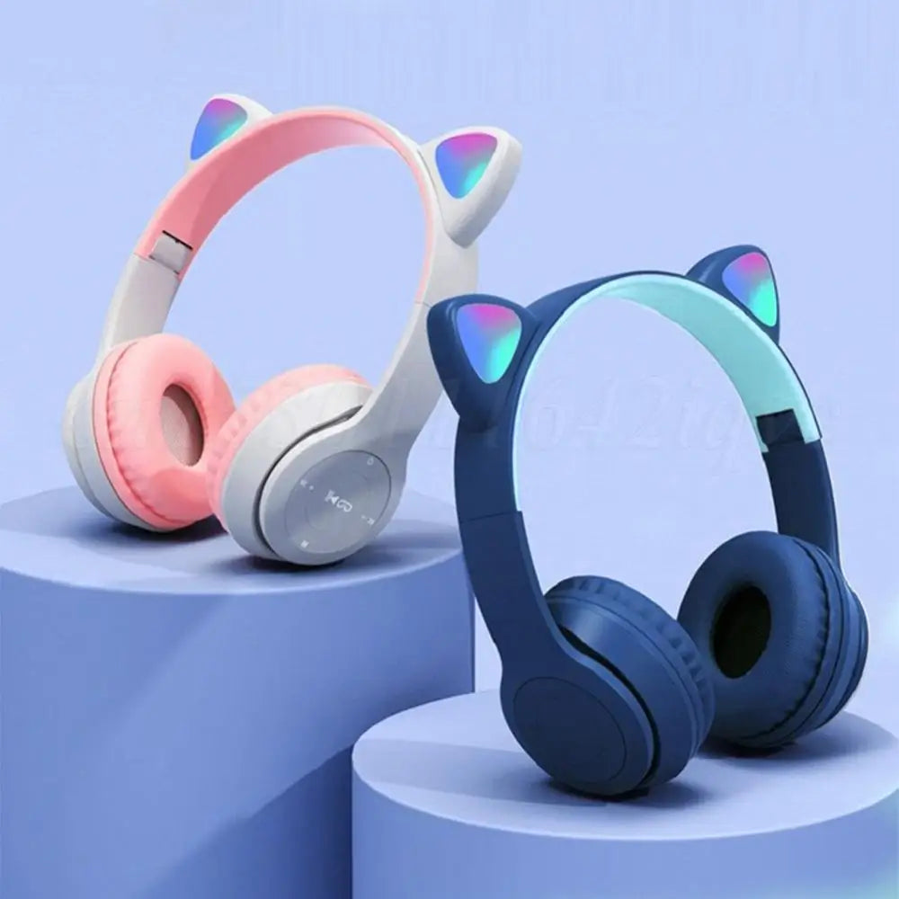 Wireless Headphones Cat Ear Gaming Headset Glow Light Bluetooth-Compatible Helmets Cute Over-Ear Headsets for Kids and Adult