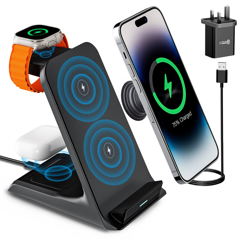 KPON 3 in 1 Wireless Charger Stand Portable Fast Charging Station For iPhone 16/15/14 Pro Max Apple iWatch 9/8/7/6/5 Airpods 3/2