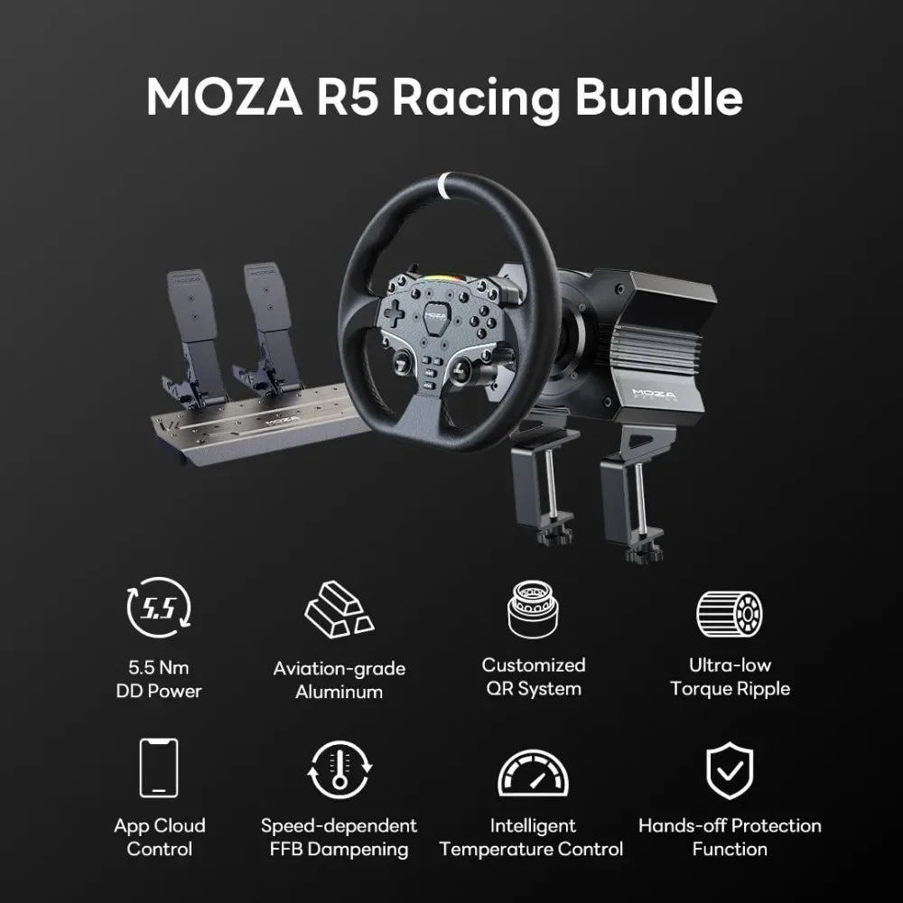 All-in-One PC Gaming Racing Simulator 3PCS Bundle: 5.5Nm Direct Drive Wheel Base, 11-inch Racing Wheel, Anti-Slip Pedals