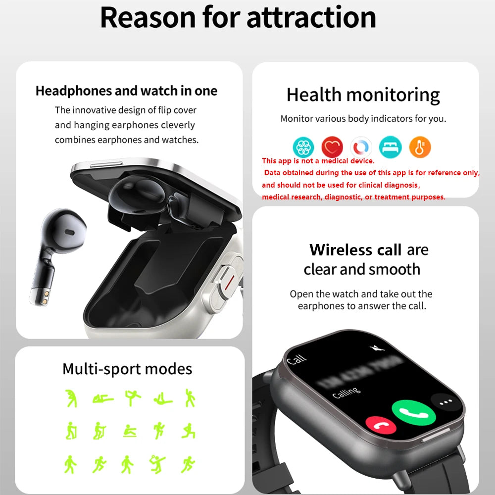 2024 NEW Headset Smart Watch TWS Two In One Wireless Bluetooth Dual Headset Call Health Blood Pressure Sport BT Music Smartwatch