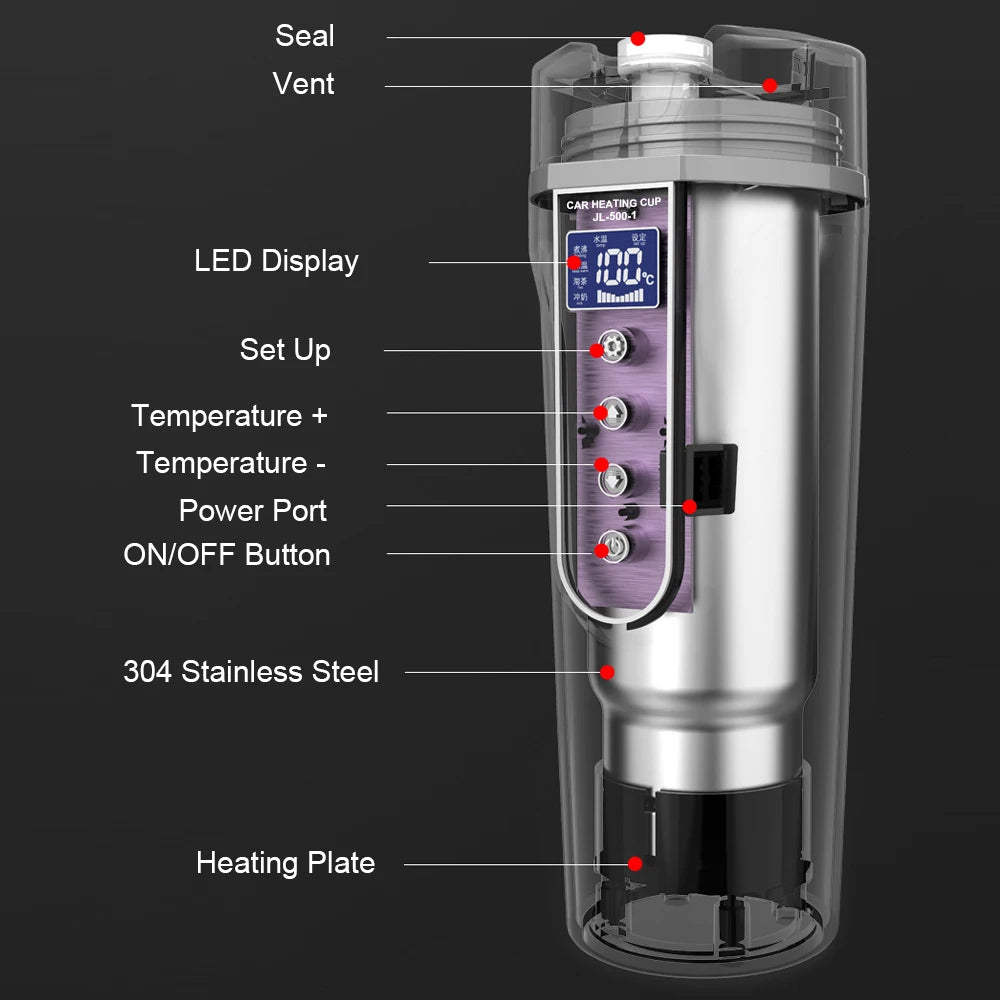 Portable LCD Display 450ML Water Warmer Bottle Stainless Steel Heat Preservation Car Heating Cup Electric Kettle 12V/24V